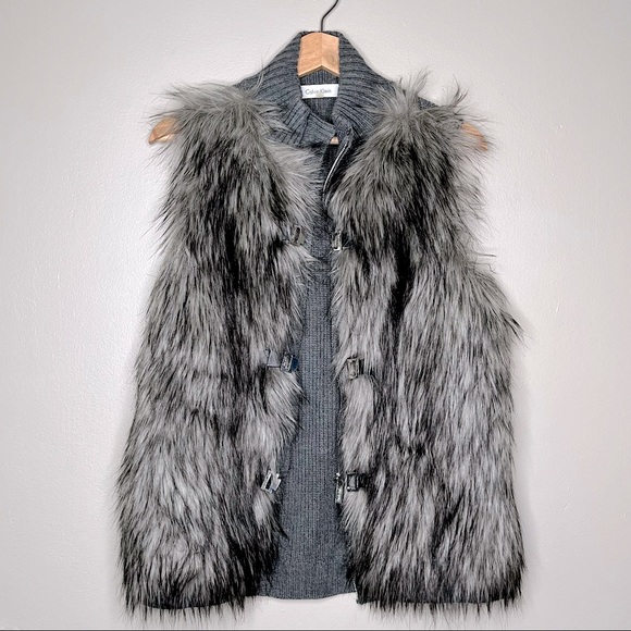 Calvin Klein Jackets & Blazers - Calvin Klein Women's Gray Faux Fur Zip Buckle Sweater Vest Size S